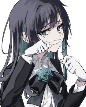 Rule 34 | 1girl, ado (utaite), black bow, black bowtie, black hair, blue eyes, blue hair, bow, bowtie, chando (ado), collared shirt, colored inner hair, commentary, crying, crying with eyes open, dress shirt, gloves, highres, long hair, long sleeves, looking at viewer, maro 1024, mole, mole under eye, multicolored hair, open mouth, shirt, simple background, solo, tears, untranslatable commentary, utaite, white background, white gloves, white shirt, wiping tears