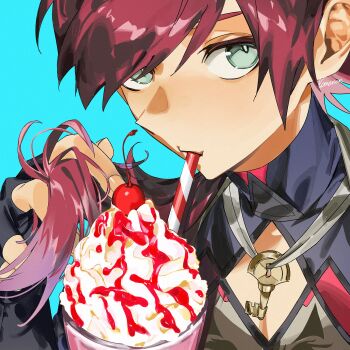 1boy absurdres aqua_background cherry cleavage_cutout clothing_cutout commentary drinking drinking_straw english_commentary food fruit green_eyes hair_between_eyes highres holding holding_own_hair jewelry key kome_non lauren_iroas lauren_iroas_(1st_costume) long_hair looking_at_viewer male_focus milkshake necklace nijisanji ponytail portrait red_hair simple_background solo turtleneck virtual_youtuber whipped_cream