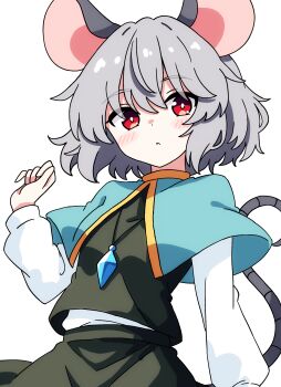 1girl absurdres animal_ears black_skirt black_vest blue_capelet blush capelet commentary_request grey_hair hair_between_eyes highres jewelry long_sleeves looking_at_viewer medium_hair mouse_ears mouse_girl mouse_tail nazrin parted_lips pendant pioartstuff revision simple_background skirt solo tail teeth touhou vest white_background