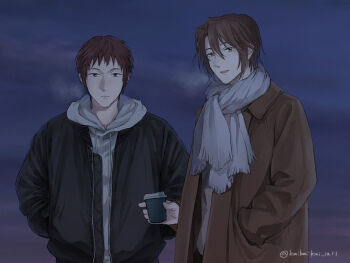 Rule 34 | 2boys, :d, artist name, black jacket, breath, brown coat, brown eyes, brown hair, closed mouth, coat, commentary request, cup, disposable cup, drink, hand in pocket, hands in pockets, holding, holding cup, holding drink, hood, hoodie, jacket, jacket over hoodie, kaikaikai 1211, koizumi itsuki, kyon, looking at viewer, male focus, multiple boys, open clothes, open coat, open jacket, open mouth, outdoors, scarf, smile, standing, suzumiya haruhi no yuuutsu, tongue, twitter username, watermark, white hoodie, white scarf