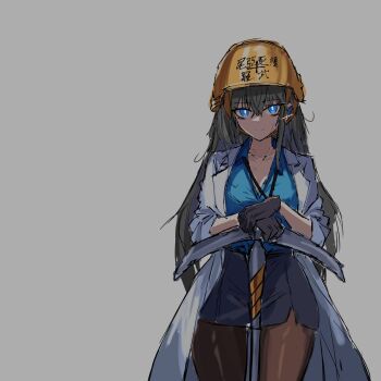 1girl blue_eyes blue_shirt clipboard female_professor_(neural_cloud) gauntlets girls'_frontline girls'_frontline_neural_cloud grey_background helmet highres holding lab_coat lanyard light_smile long_hair looking_at_viewer pantyhose bad_tag professor_(neural_cloud) r_scrubed shirt simple_background skirt solo standing