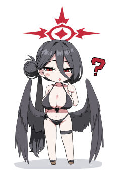 1girl ? absurdres arm_behind_back bikini black_bikini black_hair black_wings blue_archive breasts chibi commentary cross_halo english_commentary feathered_wings front-tie_bikini_top front-tie_top hair_between_eyes hair_bun halo hand_up hasumi_(blue_archive) hasumi_(swimsuit)_(blue_archive) highres huge_breasts long_hair long_hair_between_eyes loosely_tucked_bangs low_wings navel neugneugsusu official_alternate_costume official_alternate_hairstyle open_mouth oversized_wings pointing pointing_at_self red_eyes red_halo shoes simple_background single_side_bun solo standing swimsuit thigh_strap very_long_hair white_background wings