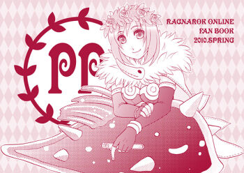 Rule 34 | 1girl, 2010, alchemist (ragnarok online), argyle background, breasts, cape, closed mouth, comiket 78, commentary request, elbow gloves, fingerless gloves, fur collar, gloves, head wreath, looking at viewer, medium breasts, minamikaze natsu, monochrome, pink theme, ragnarok online, short hair, slime (creature), smile, solo, upper body