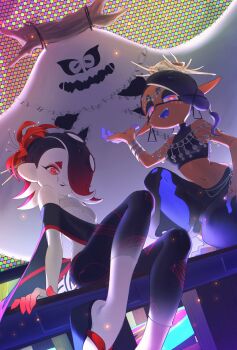 2girls big_man_(splatoon) big_man_(splatoween)_(splatoon) black_hair black_leggings black_pants black_shawl black_shirt bracelet breasts cephalopod_eyes chest_sarashi circlet colored_extremities colored_eyelashes colored_skin colored_tongue commentary_request crop_top cross-shaped_pupils dark-skinned_female dark_skin earrings eyeshadow fangs flower frye_(splatoon) frye_(splatoween)_(splatoon) gradient_hair grin hair_flower hair_ornament hair_over_one_eye harem_pants highres horizontal_pupils inkling jewelry leggings long_eyelashes long_pointy_ears looking_at_viewer makeup medium_hair multicolored_eyes multicolored_hair multiple_girls necklace nintendo octoling official_alternate_costume okobo one_eye_covered open_mouth orange_eyes pants pantyhose platform_sandals pointy_ears purple_eyes purple_hair purple_pantyhose purple_tongue red_eyes red_eyeshadow red_flower red_hair sandals sarashi shawl shirt shiver_(splatoon) shiver_(splatoween)_(splatoon) small_breasts smile spider_lily splatoon_(series) splatoon_3 surume01417 symbol-shaped_pupils tentacle_hair torn_clothes torn_pants turtleneck turtleneck_shirt two-tone_eyes white_skin x_hair_ornament
