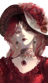 1girl aristocratic_clothes copyright_request dress earrings gown hat highres jewelry lipstick long_hair looking_at_viewer makeup neck_ring pale_skin red_dress red_eyes red_hair red_lips simple_background solo top_hat victorian waffle820 white_background