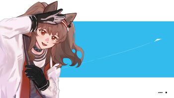 Rule 34 | 1girl, :d, absurdres, angelina (arknights), animal ears, arknights, black collar, black gloves, blue background, border, brown hair, chinese commentary, chuangzaozuoyedeshangdi, coat, collar, commentary request, contrail, earpiece, english text, fox ears, fox girl, gloves, hairband, highres, infection monitor (arknights), jacket, letterboxed, long hair, long sleeves, looking at viewer, open clothes, open coat, open jacket, open mouth, outside border, paper airplane, red eyes, red hairband, red jacket, shading eyes, simple background, smile, solo, striped clothes, striped hairband, twintails, two-tone hairband, upper body, white border, white coat