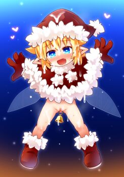 1girl bell blonde_hair blue_eyes blush boots censored christmas commentary_request cum cum_on_hair fairy fairy_wings fang full_body fur-trimmed_headwear fur_trim gloves hat heart heart-shaped_pupils highres kso loli looking_at_viewer meyuu_(kso) open_mouth original outstretched_arms pointy_ears pussy santa_hat short_hair smile solo symbol-shaped_pupils variant_set wings