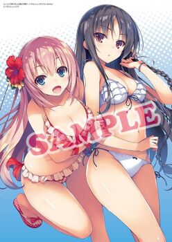 Rule 34 | 2girls, aqua (konosuba), bikini, black hair, blue eyes, blush, breasts, cleavage, commentary request, cover, flower, hair flower, hair ornament, halterneck, horikita suzune, ichinose honami (youjitsu), large breasts, long hair, looking at viewer, medium breasts, megumin, multiple girls, open mouth, pink hair, red eyes, rem (re:zero), sample watermark, side-tie bikini bottom, smile, string bikini, swimsuit, tomose shunsaku, watermark, youkoso jitsuryoku shijou shugi no kyoushitsu e