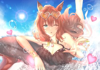 1girl absurdres animal_ears bikini black_bikini blue_eyes blush breasts cleavage eyewear_on_head hair_between_eyes heart heart-shaped_eyewear highres horse_ears horse_girl jewelry large_breasts long_hair lying lying_on_animal maruzensky_(hot_summer_night)_(umamusume) maruzensky_(umamusume) mashu_ssss necklace on_stomach one_eye_closed open_mouth reaching reaching_towards_viewer sidelocks solo sunglasses swimsuit umamusume whale