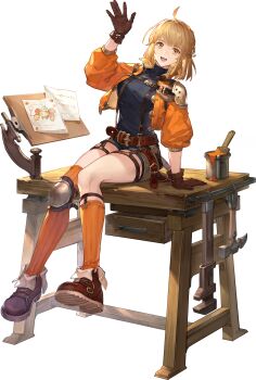 1girl absurdres ahoge ankle_boots arm_support armor asymmetrical_legwear belt black_shirt black_shorts blonde_hair boots brown_boots brown_gloves clipboard cropped_jacket drawing_(object) gloves hammer highres jacket knee_pads maitha_(full-armored)_(sword_of_convallaria) non-web_source official_art on_table open_mouth orange_jacket orange_socks paint_can paintbrush pauldrons shirt short_hair short_shorts shorts shoulder_armor single_knee_pad single_pauldron sitting socks solo suspenders sword_of_convallaria table teeth transparent_background turtleneck turtleneck_shirt uneven_legwear upper_teeth_only waving wrench yellow_eyes