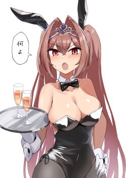 Rule 34 | 1girl, absurdres, animal ears, armpit crease, bare shoulders, black bow, black bowtie, black leotard, black pantyhose, blush, bow, bowtie, breasts, brown hair, champagne flute, cleavage, commentary request, cowboy shot, cup, daiwa scarlet (umamusume), detached collar, drinking glass, fake animal ears, fang, gloves, hair intakes, hand on own hip, highres, holding, holding tray, large breasts, leotard, open mouth, pantyhose, playboy bunny, red eyes, simple background, solo, sweatdrop, tiara, translation request, tray, umamusume, white background, white gloves, xobox