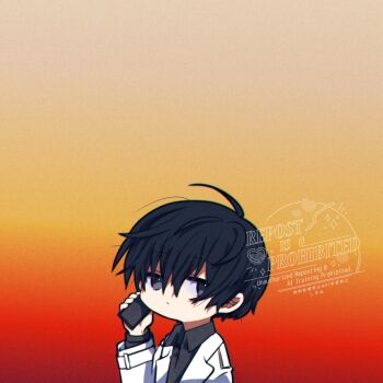1boy black_eyes black_hair black_shirt chibi chibi_only coat collared_shirt commentary double-parted_bangs english_commentary expressionless hair_between_eyes highres holding holding_phone kim_dokja kimidori_22 looking_at_viewer male_focus netsu_ijou_(utau) omniscient_reader&#039;s_viewpoint open_clothes open_coat phone shirt short_hair solo talking_on_phone upper_body white_coat
