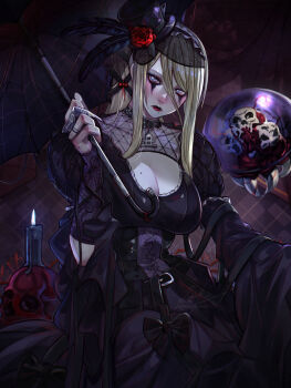 1girl absurdres black_dress black_hat blonde_hair breasts cleavage closed_mouth commentary dress goth_fashion gothic_lolita hat highres holding holding_umbrella large_breasts lolita_fashion long_hair looking_at_viewer makeup metroid metroid_(creature) metroid_larva mole mole_under_mouth nintendo ponytail samus_aran sidelocks skull umbrella xuuikie_ashe