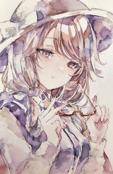 1girl absurdres breasts brown_eyes brown_hair commentary glasses highres kamu_kotan long_hair long_sleeves looking_at_viewer low_twintails medium_breasts purple_vest red-framed_eyewear semi-rimless_eyewear solo touhou traditional_media twintails under-rim_eyewear usami_sumireko vest