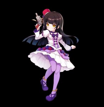 1girl black_background black_hair blunt_bangs blush bow breasts dress flats full_body gun hand_up hat holding holding_gun holding_weapon juliet_sleeves long_hair long_sleeves merc_storia merc_storia_art_team mini_hat off-shoulder_dress off_shoulder official_art pantyhose puffy_long_sleeves puffy_sleeves purple_bow purple_dress purple_hat purple_pantyhose purple_shoes shoes sidelocks simple_background small_breasts solo standing standing_on_one_leg straight_hair tachi-e tilted_headwear torte_(merc_storia) two-tone_dress weapon white_dress wide_sleeves yellow_eyes