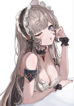 1girl bare_shoulders black_choker bonnet breasts choker cleavage commentary_request dress frilled_choker frilled_wrist_cuffs frills genshin_impact grey_hair highres kima_(jp4g6kfhb842057) large_breasts long_hair looking_at_viewer one_eye_closed open_mouth sandrone_(genshin_impact) simple_background solo strapless strapless_dress white_background white_headdress wrist_cuffs