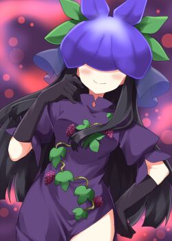 Rule 34 | 1girl, black gloves, black hair, blunt ends, blurry, blurry background, blush, closed mouth, commentary request, cowboy shot, dress, facing viewer, floral print, flower, flower on head, gloves, hand on own hip, hand up, highres, long hair, print dress, purple background, purple dress, purple flower, ruu (tksymkw), short sleeves, smile, solo, touhou, yomotsu hisami