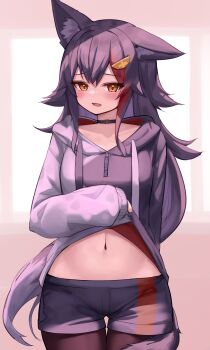 1girl absurdres animal_ear_fluff animal_ears black_choker black_hair black_hoodie black_shorts blush brown_pantyhose choker clothes_lift commentary_request cowboy_shot deaver hair_ornament hairclip highres hololive hood hood_down hoodie hoodie_lift lifting_own_clothes long_hair long_sleeves looking_at_viewer looking_back midriff multicolored_hair navel ookami_mio ookami_mio_(hoodie) open_mouth pantyhose red_hair short_shorts shorts sleeves_past_wrists solo standing streaked_hair tail tail_around_own_leg tail_wrap two-tone_hoodie very_long_hair virtual_youtuber white_hoodie wolf_ears wolf_girl wolf_tail