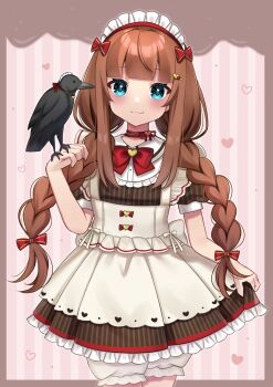 Rule 34 | 1girl, bird, bird on hand, bloomers, blue eyes, blunt bangs, blush, bow, bowtie, braid, brown dress, brown hair, closed mouth, commentary, cowboy shot, crow, dress, frilled dress, frills, hair bow, heart, highres, long hair, looking at viewer, maid headdress, minami saki, nijisanji, pink background, red bow, red bowtie, short sleeves, sidelocks, smile, solo, striped background, twin braids, underwear, untranslatable commentary, valentine, vertical-striped background, virtual youtuber, white bloomers, yokaze yui