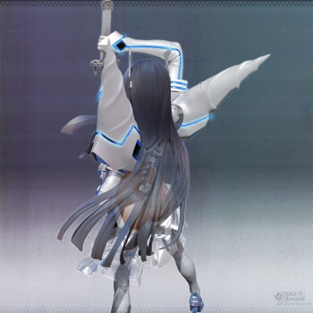 1girl 3d armor ass black_hair boots female_focus from_above from_behind high_heel_boots high_heels highres katana kill_la_kill kiryuuin_satsuki leslyzerosix long_hair pauldrons sheath shoulder_armor solo sword thigh_boots thighhighs thong weapon white_thighhighs