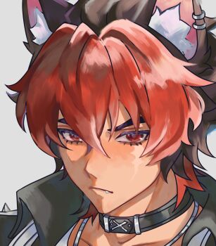 Rule 34 | 1boy, :/, absurdres, animal ear fluff, animal ear piercing, animal ears, black choker, black hair, choker, closed mouth, commentary, crossed bangs, earrings, english commentary, eyelashes, fang, fang out, hair between eyes, highres, jewelry, komano manato, male focus, multicolored hair, multiple piercings, necklace, piercing, portrait, red eyes, red hair, short hair, solo, two-tone hair, wing collar, wolf boy, wolf ears, z33 py, zenless zone zero