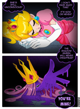 2girls blonde_hair breasts brooch colored_skin commentary crown dress earrings elbow_gloves english_commentary english_text gloves hat jewelry lipstick long_hair looking_at_viewer makeup mario_(series) melting multiple_girls nico-neko nintendo non-web_source open_mouth paper_mario paper_mario:_the_thousand-year_door paper_peach pink_dress pink_hair princess_peach puffy_short_sleeves puffy_sleeves purple_skin shadow_queen shirt short_sleeves sleeping smile sphere_earrings teeth white_gloves