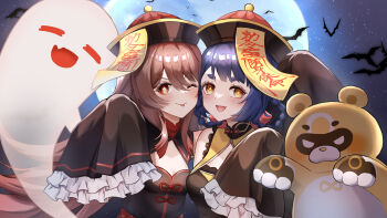 2girls :d :p absurdres bat_(animal) blue_hair blush boo_tao_(genshin_impact) braid breasts brown_hair chinese_clothes clothing_cutout detached_sleeves fang flower-shaped_pupils frilled_sleeves frills full_moon genshin_impact ghost guoba_(genshin_impact) hair_between_eyes hair_rings hat highres hu_tao_(genshin_impact) jiangshi jiangshi_costume long_hair looking_at_viewer mako_(cvyt5325) medium_breasts moon multiple_girls night night_sky ofuda ofuda_on_head one_eye_closed open_mouth qingdai_guanmao red_eyes short_hair sky sleeves_past_wrists small_breasts smile symbol-shaped_pupils tongue tongue_out upper_body xiangling_(genshin_impact) yellow_eyes