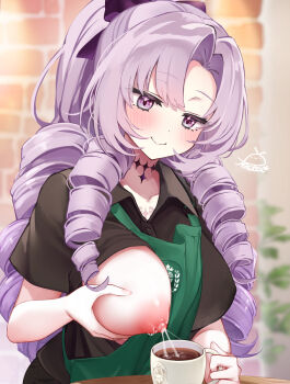 Rule 34 | 1girl, apron, black shirt, blurry, blurry background, blush, breasts, coffee, coffee mug, commentary request, cup, drill hair, festa11307070, green apron, hyakumantenbara salome, lactating into container, lactation, large breasts, long hair, mug, nijisanji, nipples, one breast out, open mouth, purple eyes, purple hair, shirt, smile, solo, upper body, virtual youtuber