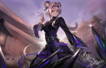 1girl animal_ears arknights artist_name az&#039;ruler backlighting black_dress blurry blurry_background buttons chinese_clothes closed_mouth contrapposto cowboy_shot debris diamond_print double-breasted dress floating_hair glint hairband hand_up highres holding holding_sword holding_weapon jewelry kuji-in light_particles lin_(arknights) long_hair medium_hair mouse_ears nail_polish necklace orange_eyes pink_hair purple_dress purple_nails serious sidelocks solo standing sword tail turtleneck two-tone_dress weapon wide_sleeves yellow_eyes