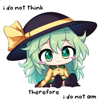 1girl black_hat black_shoes blush_stickers bmkro chibi closed_mouth commentary commission english_commentary english_text full_body green_eyes green_hair green_skirt hat hat_ribbon highres komeiji_koishi long_hair long_sleeves ribbon shirt shoes simple_background sitting skirt smile solo touhou white_background yellow_ribbon yellow_shirt