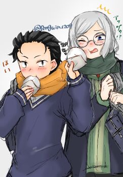 2boys alternate_costume bag black_hair blue_eyes blue_sweater blush brown_eyes commentary_request eating food glasses green_hoodie green_scarf green_sweater grey_hair hair_slicked_back hekikuu_(kanaderuyume) highres holding holding_food hood hoodie jacket long_sleeves male_focus multiple_boys natsuki_subaru one_eye_closed open_mouth orange_scarf otto_suewen re:zero_kara_hajimeru_isekai_seikatsu round_eyewear scarf school_bag school_uniform short_hair simple_background steamed_bun sweater twitter_username