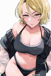 1girl artist_name black_panties black_sports_bra blonde_hair breasts cleavage commentary hair_between_eyes looking_at_viewer navel open_mouth panties sazanami_kuina short_hair simple_background single_bare_shoulder solo sports_bra tougen_anki twitter_username underwear undressing wami0303 wet wet_hair white_background yellow_eyes