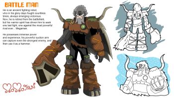 1boy 2025 artist_name beard brown_fur cape character_name commentary english_commentary english_text facial_hair full_body fur-trimmed_cape fur_trim furrowed_brow highres male_focus mammoth mega_man:_dual_override mega_man_(series) mega_man_robot_master_design_contest momotan_vt old old_man original reference_sheet robot serious standing white_hair