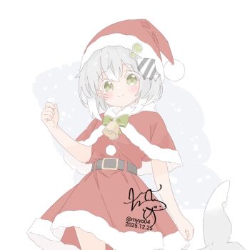 1girl alternate_costume bell belt black_belt bow bowtie capelet chame_(myyo04) clenched_hand closed_mouth colored_eyelashes cowboy_shot dated fins fish_tail fur-trimmed_capelet fur-trimmed_skirt fur_trim green_bow green_bowtie green_eyes grey_hair hair_ornament hat kantai_collection light_blush looking_at_viewer maestrale_(kancolle) neck_bell red_capelet red_hat red_shirt red_skirt santa_costume santa_hat shark_hair_ornament shark_tail shirt short_hair sidelocks signature skirt smile solo tail twitter_username