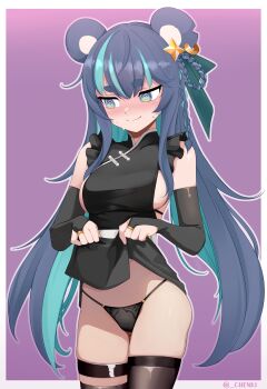 1girl @_@ absurdres animal_ears averting_eyes bear_ears bear_girl black_panties black_thighhighs blue_hair blush braid breasts bridal_gauntlets chenki_(chenki) closed_mouth clothes_lift commentary dress dress_lift english_commentary fujikura_uruka highres large_breasts lifting_own_clothes long_hair multicolored_hair nervous_smile nervous_sweating panties phase_connect sideboob smile solo streaked_hair sweat thick_eyebrows thighhighs underwear