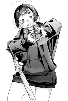 1girl absurdres annoyed bags_under_eyes blush clenched_teeth closed_umbrella cowboy_shot crosshatching drawstring elbow_carry gavucchi greyscale hair_over_shoulder half-closed_eyes hands_up hatching_(texture) headphones headphones_around_neck heart heart_hands highres hood hood_down hooded_sweater linear_hatching long_hair long_sleeves looking_at_viewer low_twintails monochrome open_mouth original pocket scowl simple_background sleeves_past_wrists solo standing sweater teeth twintails umbrella umbrella_on_arm v-shaped_eyebrows white_background wispy_bangs