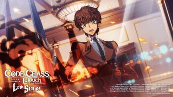 Rule 34 | 1boy, against glass, armband, brown hair, buttons, chandelier, clenched hand, code geass, code geass: lost stories, collared shirt, commentary, commentary request, dutch angle, embers, english commentary, explosion, f4samurai, fire, game cg, green eyes, green necktie, hands up, highres, indoors, jacket, kururugi suzaku, long sleeves, male focus, military uniform, necktie, official art, open mouth, orange jacket, reflection, shirt, short hair, sidelocks, smoke, solo, standing, surprised, teeth, upper body, white shirt, wide-eyed, window