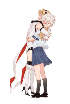 2girls absurdres bare_shoulders black_headband black_socks blonde_hair blue_skirt chinese_commentary closed_eyes commentary elbow_gloves eye_mask gloves headband heart-shift_bracelets highres hood hood_down hooded_leotard hug jiguang_haibao koishikawa_iko leotard long_hair mask multiple_girls parted_lips pleated_skirt scar scar_across_eyebrow scar_on_face school_uniform serafuku shirt short_hair shy_(character) shy_(series) skirt socks teeth upper_teeth_only white_hair white_leotard white_shirt