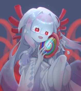 Rule 34 | 1girl, agar agar cookie, colored eyelashes, colored skin, cookie run, cookie run: kingdom, highres, holding, holding mirror, long hair, mirror, open mouth, red eyes, remee ch410, solo, white eyelashes, white hair, white skin