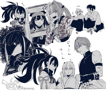 2boys 4girls black_hair black_hat breasts fate/grand_order fate_(series) food greyscale harada_sanosuke_(fate) hat hijikata_toshizou_(fate) japanese_clothes kawakami_gensai_(fate) kawakami_gensai_(first_ascension)_(fate) long_hair matsunaga_hisahide_(fate) monochrome multicolored_hair multiple_boys multiple_girls multiple_scars oda_nobunaga_(fate) okita_souji_(fate) okita_souji_(first_ascension)_(fate) one_eye_closed onigiri ponytail rock_paper_scissors sandals scar sharp_teeth short_hair sleeveless somemiya_suzume teeth twitter_username v white_hair