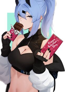 Rule 34 | 1girl, absurdres, black nails, blue eyes, blue hair, breasts, candy, chocolate, chocolate bar, cleavage cutout, clothes down, clothing cutout, coat, commentary, eating, english commentary, english text, fingerless gloves, food, gloves, hair ornament, highres, long hair, looking at viewer, medium breasts, midriff, original, ponytail, saki (the atko), shrug (clothing), sleeveless shrug, solo, sports bra, the atko