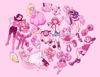1boy 1other 6+girls absurdres ahoge amy_rose animal_ears animal_nose banana bananya bell bishoujo_senshi_sailor_moon bishoujo_senshi_sailor_moon_s black_eyes blonde_hair blue_eyes blush blush_stickers boo_(mario) bright_pupils brooch cat chibi_usa circle_formation clefairy clenched_hands closed_mouth crown dress earrings eyelashes fangs feet flower flower_wreath food fruit furry furry_female gen_1_pokemon gen_2_pokemon gold_crown hair_bell hair_ornament hand_on_own_face haruno_sakura heart hedgehog_girl highres holding holding_microphone holding_unworn_clothes holding_unworn_dress honey_(katamari_damacy) jewelry jigglypuff katamari_damacy kirby kirby_(series) kneehighs kuromi leaning_back limited_palette long_hair loveycloud mad_mew_mew mario_(series) meemee_(super_monkey_ball) megurine_luka megurine_luka_(chiffon_dress) mettaton mettaton_ex microphone miltank multiple_girls naruto_(series) nintendo onegai_my_melody open_mouth outstretched_arms pink_background pink_dress pink_fur pink_hair pokemon pokemon_hgss princess_peach red_eyes red_footwear ribbon robot sailor_chibi_moon sanrio shirt shoes short_sleeves short_tail shorts simple_background sleeveless socks sonic_(series) sparkle spread_arms standing standing_on_one_leg star_(symbol) super_mario_sunshine super_monkey_ball super_sailor_chibi_moon tail toes tongue tongue_out undertale utdr_(toby_fox) warp_star white_dress white_pupils whitney_(pokemon)