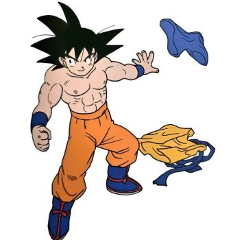 Rule 34 | 1boy, abs, black eyes, black hair, clenched hand, dougi, dragon ball, dragon ball daima, looking to the side, male focus, muscular, muscular male, official art, orange dougi, orange pants, pants, scan, shirt, short hair, smile, solo, son goku, spiked hair, third-party source, topless male, toriyama akira, unworn shirt, white background, wristband