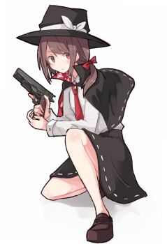 Rule 34 | 1girl, black capelet, black hat, bow, brown hair, capelet, clothes writing, collared shirt, commentary request, cosplay, full body, gun, hair bow, handgun, hat, hat bow, long sleeves, medium hair, necktie, on one knee, quimbaya airplane, red bow, red capelet, red eyes, ribbon-trimmed capelet, ribbon-trimmed skirt, ribbon trim, runes, shiroshi (denpa eshidan), shirt, shirt tucked in, solo, touhou, two-sided capelet, usami renko, usami sumireko, usami sumireko (cosplay), weapon, weapon request, white background, white shirt