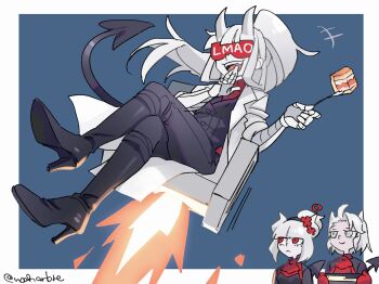 3girls black_boots black_pants black_vest boots crossed_legs deltarune english_text glasses grey_eyes helltaker highres justice_(helltaker) lab_coat long_hair loremaster_(helltaker) lucifer_(helltaker) multiple_girls noah_(tettsui-sole) ojou-sama_pose pants red-tinted_eyewear red_eyes sitting solo_focus sunglasses tail tinted_eyewear twitter_username utdr_(toby_fox) vest