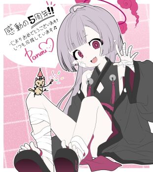 1girl :d bandaged_arm bandaged_leg bandages bare_shoulders bell blue_archive clothing_cutout fang full_body gauze gauze_on_cheek grey_hair guest_art halo japanese_clothes long_sleeves official_art open_mouth paruru_(nexon) pelvic_curtain platform_sandals pointy_ears red_eyes red_halo saikyo_ikkaku_raion_(blue_archive) sandals shuro_(blue_archive) sitting skin_fang smile solo spread_fingers spread_toes toes translation_request