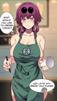 2girls absurdres apron ass barista blurry brand_name_imitation breasts cafe cameo collarbone commentary cup depth_of_field disposable_coffee_cup disposable_cup duplicate english_commentary english_text eyewear_on_head glasses green_apron hair_between_eyes highres hinghoi holding holding_cup holding_marker honkai:_star_rail honkai_(series) iced_latte_with_breast_milk_(meme) indoors kafka_(honkai:_star_rail) large_breasts looking_at_viewer marker meme multiple_girls naked_apron pince-nez pixel-perfect_duplicate pom-pom_(honkai:_star_rail) purple_eyes purple_hair sideboob sidelocks sleeveless smile solo_focus speech_bubble starbucks stelle_(honkai:_star_rail) sunglasses trailblazer_(honkai:_star_rail) yuri
