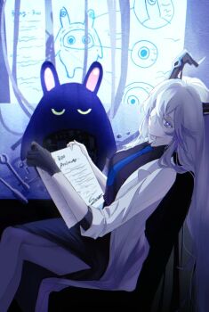 Rule 34 | 1girl, alternate costume, bangboo (zenless zone zero), black dress, black gloves, black horns, blue background, blue necktie, blurry, chair, coat, collared coat, commentary request, crossed legs, dalflower s2, depth of field, desk, dress, from side, gloves, glowing, glowing pupils, grey hair, hair between eyes, head tilt, holding, holding paper, holographic monitor, horns, indoors, korean commentary, lab coat, leaning back, leaning to the side, long hair, long sleeves, looking at viewer, looking to the side, multicolored eyes, necktie, on chair, open clothes, open coat, paper, purple eyes, star-shaped pupils, star (symbol), sunbringer (zenless zone zero), symbol-shaped pupils, upper body, wavy hair, white coat, zenless zone zero