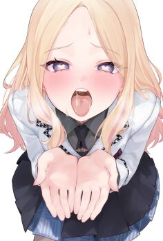 Rule 34 | 1girl, absurdres, blonde hair, blush, commentary request, cupping hands, gakuen idolmaster, genmai komeko, hatsuboshi gakuen school uniform, heart, heart-shaped pupils, highres, idolmaster, juo sena, long hair, looking at viewer, multicolored hair, open mouth, oral invitation, own hands together, pink hair, purple eyes, saliva, school uniform, skirt, solo, sweat, symbol-shaped pupils, tongue, tongue out, two-tone hair