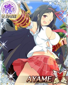 1girl :d armored_boots ayame_(senran_kagura) boots border breasts brown_hair button_gap card_(medium) cleavage english_text game_cg gauntlets hair_ribbon large_breasts long_hair navel necktie non-web_source official_art one_eye_closed open_mouth outstretched_arm plaid_clothes plaid_skirt pleated_skirt red_eyes red_ribbon red_skirt ribbon senran_kagura senran_kagura_new_wave shirt skirt sleeves_rolled_up smile solo white_shirt